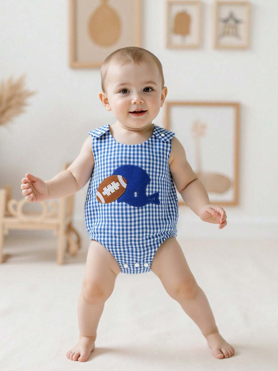 Baby Boy Rugby Romper: Cute Plaid Rugby Embroidery Sleeveless Bodysuit ...