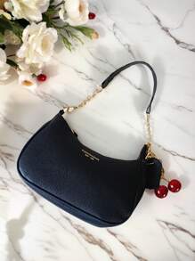 1 件黑色 Wild Letter 卵石纹 PU 皮革单肩包 - 夏季斜挎新月包，带樱桃吊坠，纯色腋下钱包，适合购物、海滩和学校