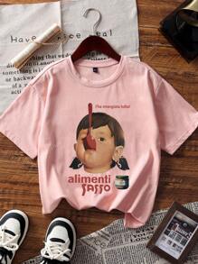 Camiseta casual de cuello redondo de manga corta con estampado de niña para mujer, primavera y verano