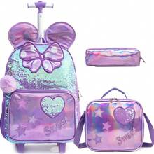 3 件可爱纸盒滚轮背包，适合女孩，适合小学，背包带午餐袋和笔袋，是送给女孩的最佳开学礼物