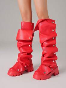 Women Mid Calf Boots Platform Heels Ruch Boots Knee High Fold Over Chunky Heel Short Booties Round Toe Wide Calf Pull-On Shark Boots Daily Party Y2K Dress Boots For Woman - Đỏ A - Xem 3
