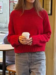 Women's New Autumn And Winter Back To School Sweater Casual Solid Color Simple Daily Short Style Round Neck Long-Sleeved Sweater