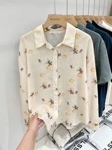 大码女式碎花长袖开衫，春秋季新款休闲宽松衬衫夹克 - 黃色 - 查看 4