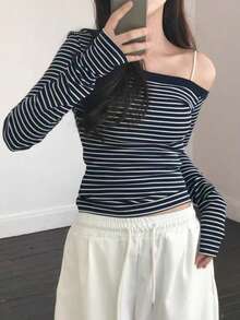 Babehomee 秋季女装返校外出上衣女式简约性感风格不对称露肩修身条纹针织长袖T恤 - 藏蓝色 - 查看 7