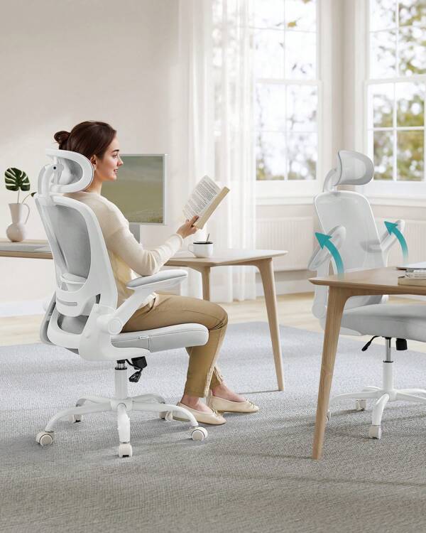 SONGMICS Chaise Bureau Ergonomique, Tissu en Maille, Support Lombaire, Appui-tête, Mécanisme à Bascule, Accoudoirs Rabattables, pour Bureau, Chambre, Gris Tourterelle