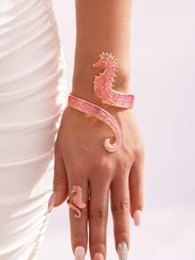 2pcs Bohemian Style Oil Drop Seahorse Ring & Bracelet Jewelry Set, Versatile And Suitable For Men And Women, Great For Beach Vacation, Party, Daily Wear, Graduation, Back To School, Birthday And Holiday Gifts