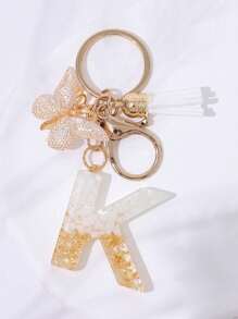 Cute Initial Letter Keyrings White Keychen,Capital Alphabet Gold Foil Resin Keychain Charm With Butterfly Tassel Pendant,Fashion Key Chain For Women Gift Purse Bag Handbag Decor,Father's Day Mother's Day Birthday Gift Thanksgiving And Christmas Day Holiday Gifts
