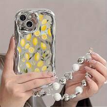 Funda para teléfono 1 teléfono móvil con patrón plateado de galvanoplastia de limón, diseño de cordón de pulsera de perlas, adecuado para 16 Pro/ 16 Plus/ 16 Pro/ 16/ 15 Pro/ 15 Plus/ 15 Pro/ 15/ 14 Pro/ 14 Plus/ 14 Pro/ 14/ 13 Pro/ 13 - Plateado - Ver 3
