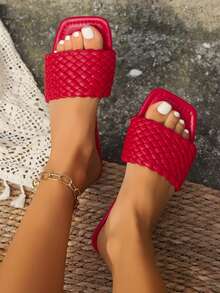 Dép xỏ ngón dệt thoáng khí thời trang nữ, giày lười thanh lịch thoải mái phù hợp cho kỳ nghỉ, trang phục thường ngày, trang trọng, bãi biển, dép bệt màu trơn cổ điển - Đỏ - Xem 2