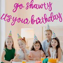 Local Delivery Black Glitter Hip Hop Rap Theme 'Go Shawty It's Your Birthday' Pre - Strung 11.4 - Feet Happy Birthday Banner For Men And Women's Birthday Party Supplies - Rose Red - View 5