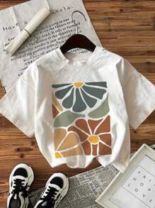 Nuovo completo estivo a tre pezzi, stile casual da strada, t-shirt oversize in cotone con scollo tondo e maniche corte, stampa floreale, top bianco