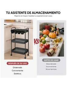 Carrito organizador de acero multifunción con ruedas fácil de mover almacenamiento cocina oficina baño resistente multiusos muebles organizador hogar práctico moderno - Negro - Ver 2