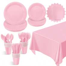 169 pièces Set de couverts rose clair, assiettes jetables, serviettes et gobelets, nappe de 137*274 cm - Pour servir 24 invités pour un anniversaire, un mariage, une fête, un pique-nique en famille, la Fête des Mères ou une remise de diplôme, Vaisselle en papier jetable