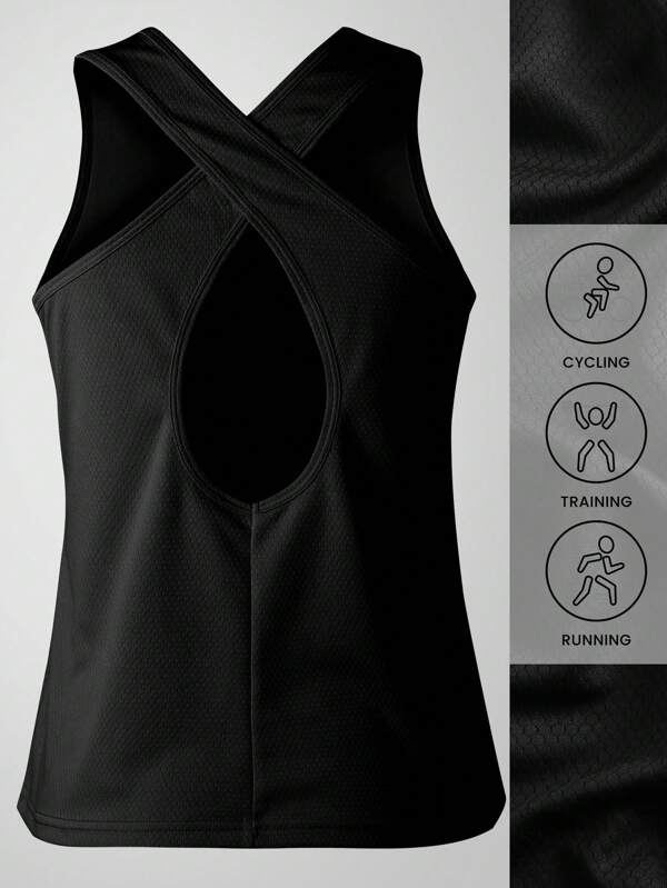 Women's Loose Fit Black Sleeveless Cross Back Tank Top - For Gym, Running, Yoga