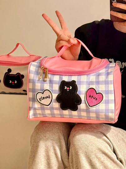 1pc Pink Plaid Cat Travel Large Portable Toilet Bag, Suitable For Women's Cosmetics Storage Bag, Toiletries Storage Bag, Skin Care Product Storage Bag, Travel Portable Cosmetic Bag, Compartment Beauty Storage Bag, Travel Toilet Bag, For Eyeshadow Disc, Foundation, Eye Cream, Mask, Loose Powder And Toiletries, Suitable For Party Vacation, Wedding Makeup Use