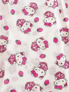 SANRIO 三丽鸥女士粉白撞色草莓可爱数码印花透视露背V领撞色蕾丝侧开衩荷叶边娃娃性感睡衣 - 粉色 - 查看 5