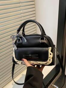 PU 材质简约时尚手提包，优雅女士波士顿包，适合日常、工作、休闲、通勤、节日礼物 - 黑色 - 查看 4