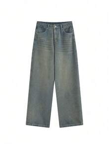 女式宽松口袋阔腿休闲牛仔裤 - 藍色 - 查看 6