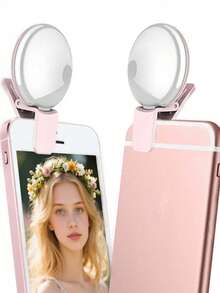 1个USB可充电自拍环形灯，Aro De Luz品牌，3种亮度模式，旅行配件，附带USB充电线，适用于自拍环形灯辅助照明、弱光自拍增强、智能手机摄影、便携式补光灯、直播等。