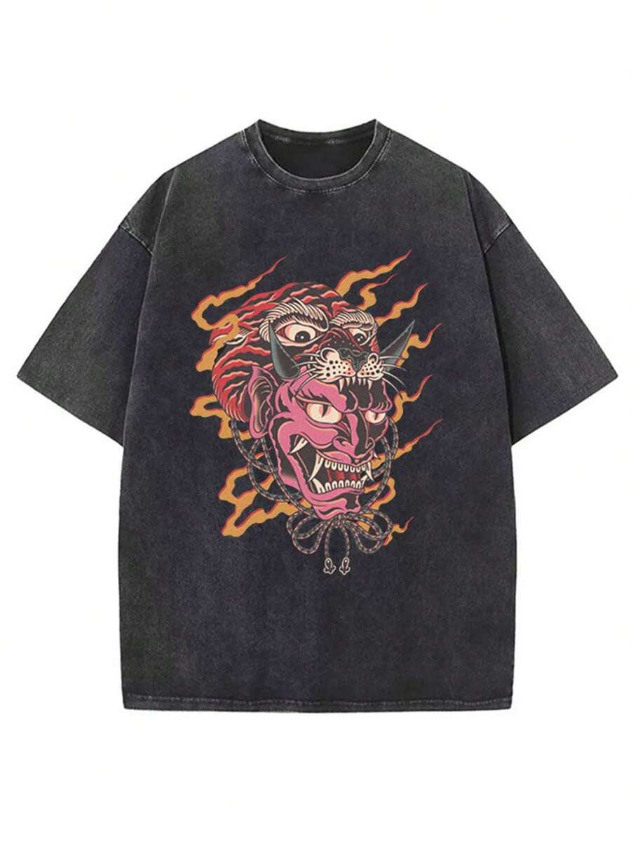 Animation Themed Graphic Print T-Shirt For Men. Short Sleeve Baggy Top With Basketball And Football Theme. Vintage Classic Design With Hip Hop Feel. Loose Fit And Comfortable For Everyday Wear