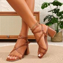 Women's Summer Sandals, Thick Heel High Heels, New Solid Color Bohemian Buckle Personalized Fairy Style Buckle Open Toe Shoes - Brown - View 1