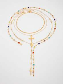 4pcs/Set Vintage Gold Metal Jesus Cross Y-Shaped Long Necklace, Boho Colorful Crystal Pendant Necklace Set, Suitable For Women Daily & Holiday Wear, Gift For Friends (Handmade Length Adjustable, Random Glass Crystal Colors And Bead Quantities) - 4-piece Set 2 - View 3