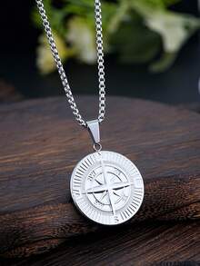 1 件时尚不锈钢圆形氧化指南针装饰项链，适合男士日常佩戴 - 彩色 - 查看 6