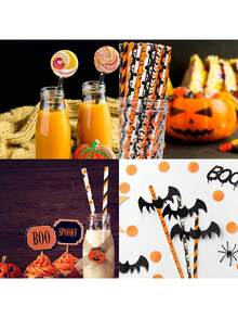 15pcs Halloween Paper Straws - Spooky Party Straws , Featuring Festive Halloween Designs Like Ghosts, Skulls, Pumpkins And Bats! Cocktail Decorations, Themed Desserts And Spooky Beverage Presentations. - Multicolor - View 6