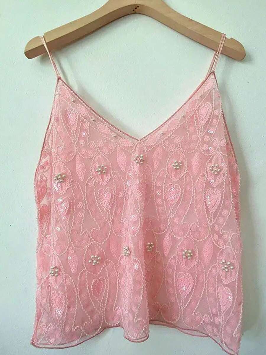 Women Y2K Sequin Cami Top Deep V Neck Mesh Crop Tops See Through Straps Tank Cute Sparkle Backless Low Cut Summer Crop Tops - 粉色 - 查看 1