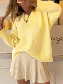 Women's Daily Casual Solid Color Drop Shoulder Loose V-Neck Long Sleeved Pullover Sweaters Tunic Fit Soft Slouchy Ribbed Jumper Elegant Sweater, Fall Winter - Yellow - View 6