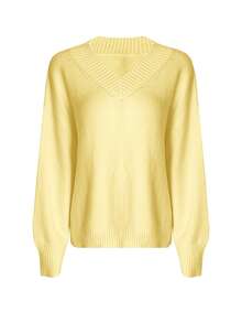Women's Daily Casual Solid Color Drop Shoulder Loose V-Neck Long Sleeved Pullover Sweaters Tunic Fit Soft Slouchy Ribbed Jumper Elegant Sweater, Fall Winter - Yellow - View 8