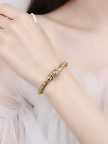 1pc Fashionable Cubic Zirconia Women Stainless Steel 18K Gold Plated 5mm Cable Twist Openable Adjustable Bangle Bracelet, Elegant Jewelry Gift For Lover, Family, Friends - Gold - View 3