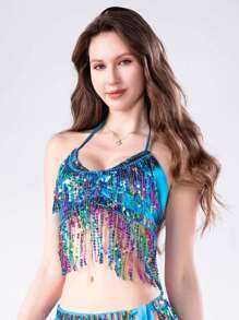 Costume da ballo del ventre con frange e paillettes, costume da cantante con schiena scoperta adatto per discoteca e bar