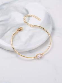 1pc Simple Dainty Golden Bar With Oval CZ Bracelet For Women Thin Cuff Bangle Hook Bracelet Handmade Minimalist Jewelry - 金黃色 - 查看 4