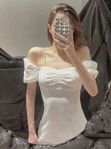 Đầm nữ thanh lịch xếp ly ngực, tay phồng, màu trắng mùa hè. - trắng - Xem 3