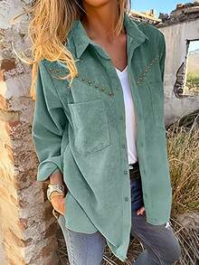 Camisa de pana con remaches y bolsillos dobles para mujer, top casual retro, apto para todas las estaciones, primavera - Verde - Ver 4
