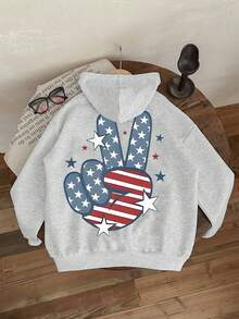 1PC Teen Girl American Flag Pattern Print Sweatshirt, Soft & Comfortable, Spring & Autumn Daily Casual Wear - Light Grey - View 3