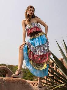 Faeriesty BohoBloom Strapless Multi-Layer Printed Summer Dress - Elegant Spring/Summer Style, Suitable For Beach Weddings | Garden Parties | Brunch | Music Festivals | Tropical Vacations (Belt Not Included) - Multicolor - View 1