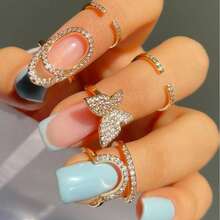 3件套微镶嵌锆石指甲戒指，创意戒指套装 - 金色 - 查看 1