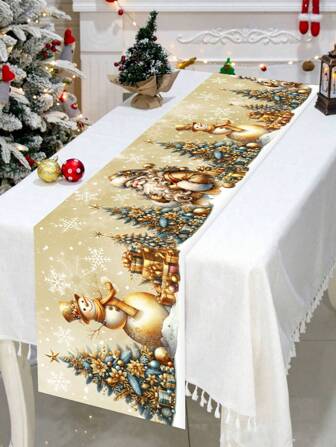 1 adet 35*180cm/13.78*70.87 inç Altın Noel Polyester Masa Örtüsü, Vintage Avrupa Tarzı Noel Baba ve Kardan Adam Desenli Dekor Kumaşı, Ev Partisi İçin Uzun Yemek Masası Örtüsü, Tatil Dekorasyonu