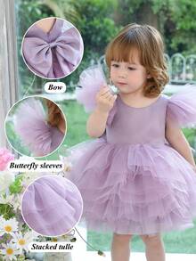 Baby Girl Bowknot Flutter Sleeve Light Purple Elegant Princess Dress, Suitable For Baby Girl's Birthday, Wedding, Party, Holiday Celebration, Formal Occasion Dress - 紫色 - 查看 4