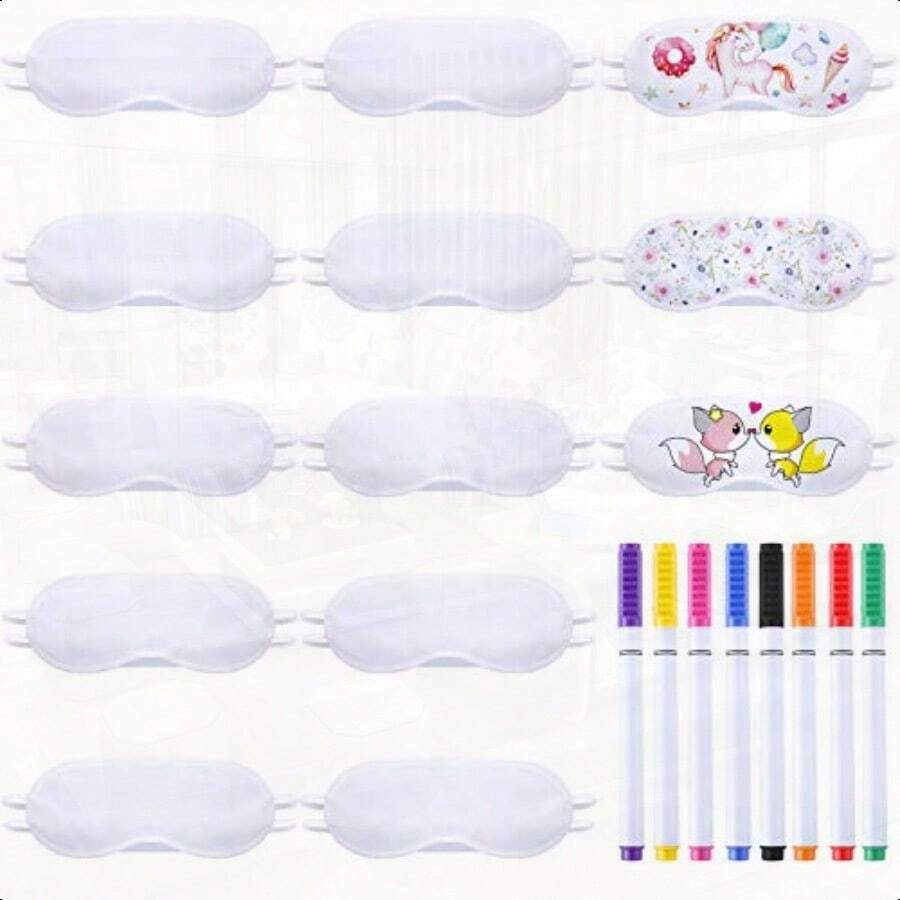 10 Pcs White Eye Mask Bulk Sleepover Party Supplies Sublimation DIY Color Decorate Your Own Sleep Blindfold Plain Soft Eye Coverings With 8 Pcs Fabric Marker Pens For Travel Game Wedding - White - View 1