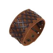 可调节朋克风真皮手镯，环绕式真皮腕带，哥特风时尚真皮手镯，男女通用 - 棕色 - 查看 19