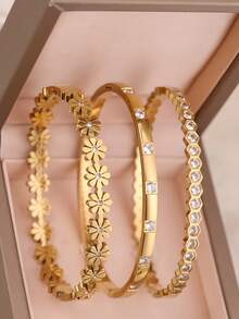 3 件/1 件优雅方晶锆石不锈钢女士手链，适合日常佩戴和叠戴