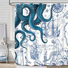 Blue Nautical Octopus Shower Curtain Navy Mermaid Funny Ocean Kraken Shower Curt - 1 - View 5