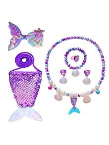 Ensemble de bijoux sirène pour filles, sac à main pailleté, sac à bandoulière, perruque rouge, pince à cheveux, serre-tête, boucles d'oreilles, bracelet de perles, collier de perles; pour se déguiser pour des fêtes ou la vie quotidienne, excellent cadeau d'anniversaire, de vacances ou pour l'école