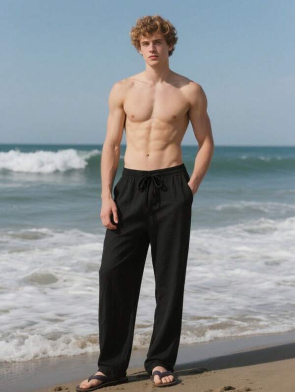 Men's American Style Outdoor Linen Pants, Lightweight Fabric, Breathable, Adjustable Drawstring Waist, Loose Straight Leg Cut, Flattering Silhouette, Suitable For Fitness, Sports, And Casual Outings, Showcasing American Casual Style, Men's Outdoor Sports Pants
