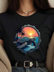 Ladies' T-Shirt, Summer Women's Fun Turtle Print T-Shirt, Available In Black/White, Casual Round Neck T-Shirt, Suitable For Summer Vacation Tops.