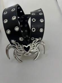 1pc Vintage American Style Women's Belt With Unique Buckle, Black Devil Wing Heart Shaped Rivet Decor Reversible For Everyday And Holiday Wear Summer, School