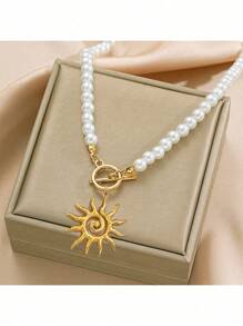1pc Elegant Sunburst Sun Ray Delicate Pendant Necklace Stainless Steel Pearl Beaded Jewelry For Women Daily Wear (Jewelry Box Not Included)